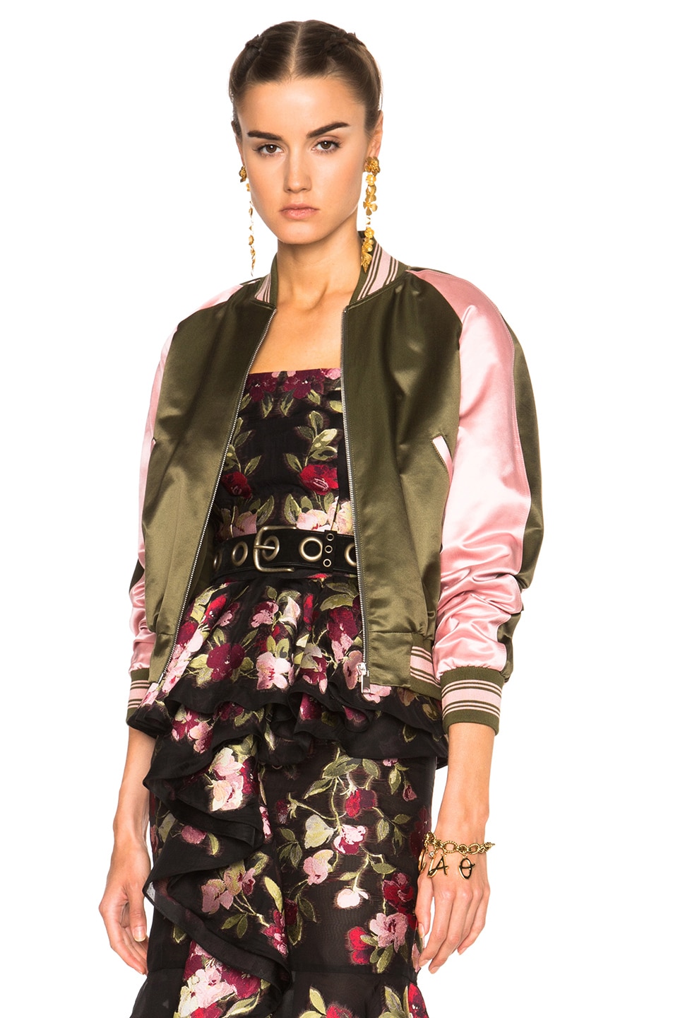 Image 1 of Alexander McQueen Embroidered Bomber Jacket in Khaki & Foxglove