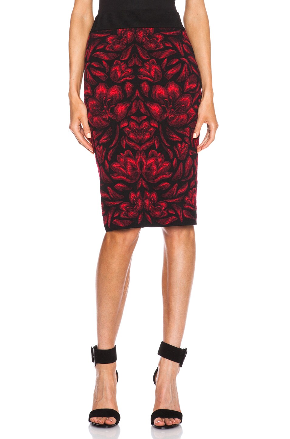 Alexander McQueen Floral Printed Mid Length Skirt in Black & Red | FWRD