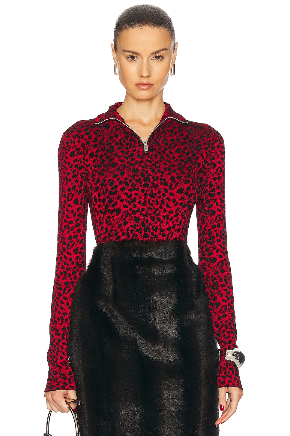 Image 1 of Alexander McQueen Leopard Textured Long Sleeve Top in Red & Black