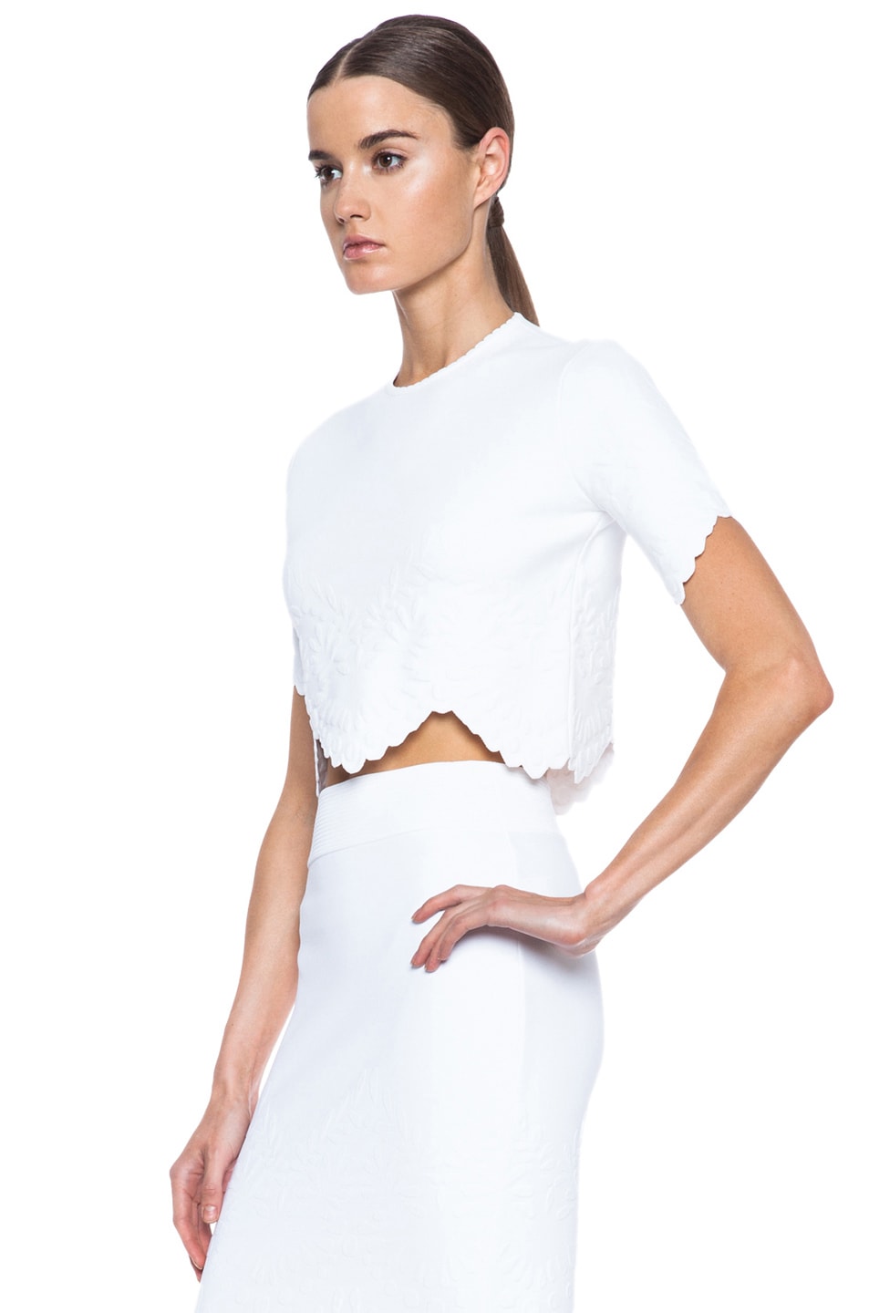 Alexander Mcqueen Embossed Knit Crop Top In White Fwrd