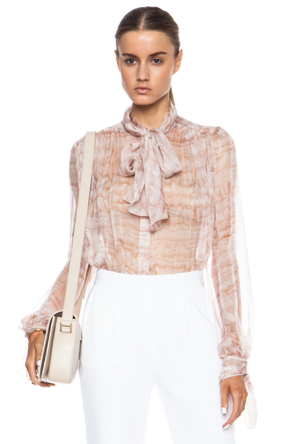 Image 1 of Alexander McQueen Ruffle Printed Bow Silk Top in Powder