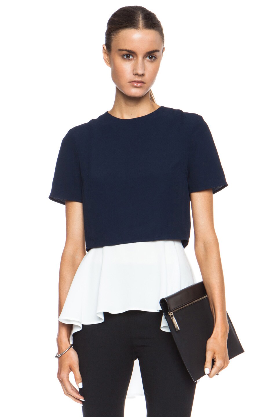 Image 1 of Alexander McQueen Cropped Rayon-Blend Tee with Undershirt in Navy & White