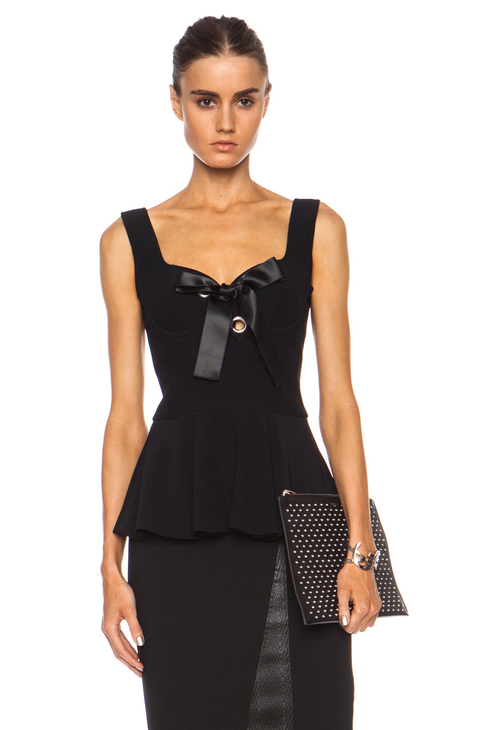 Image 1 of Alexander McQueen Crepe Bow Acetate-Blend Top with Peplum in Black