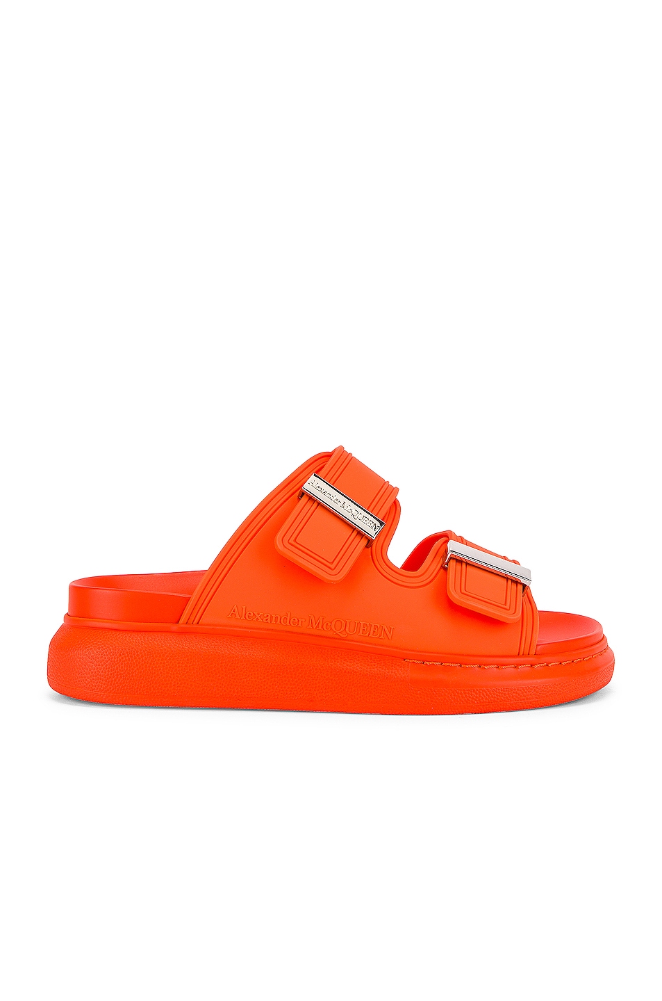 Image 1 of Alexander McQueen Fabric Upper and Rubber Slides in Acrylic Orange & Silver