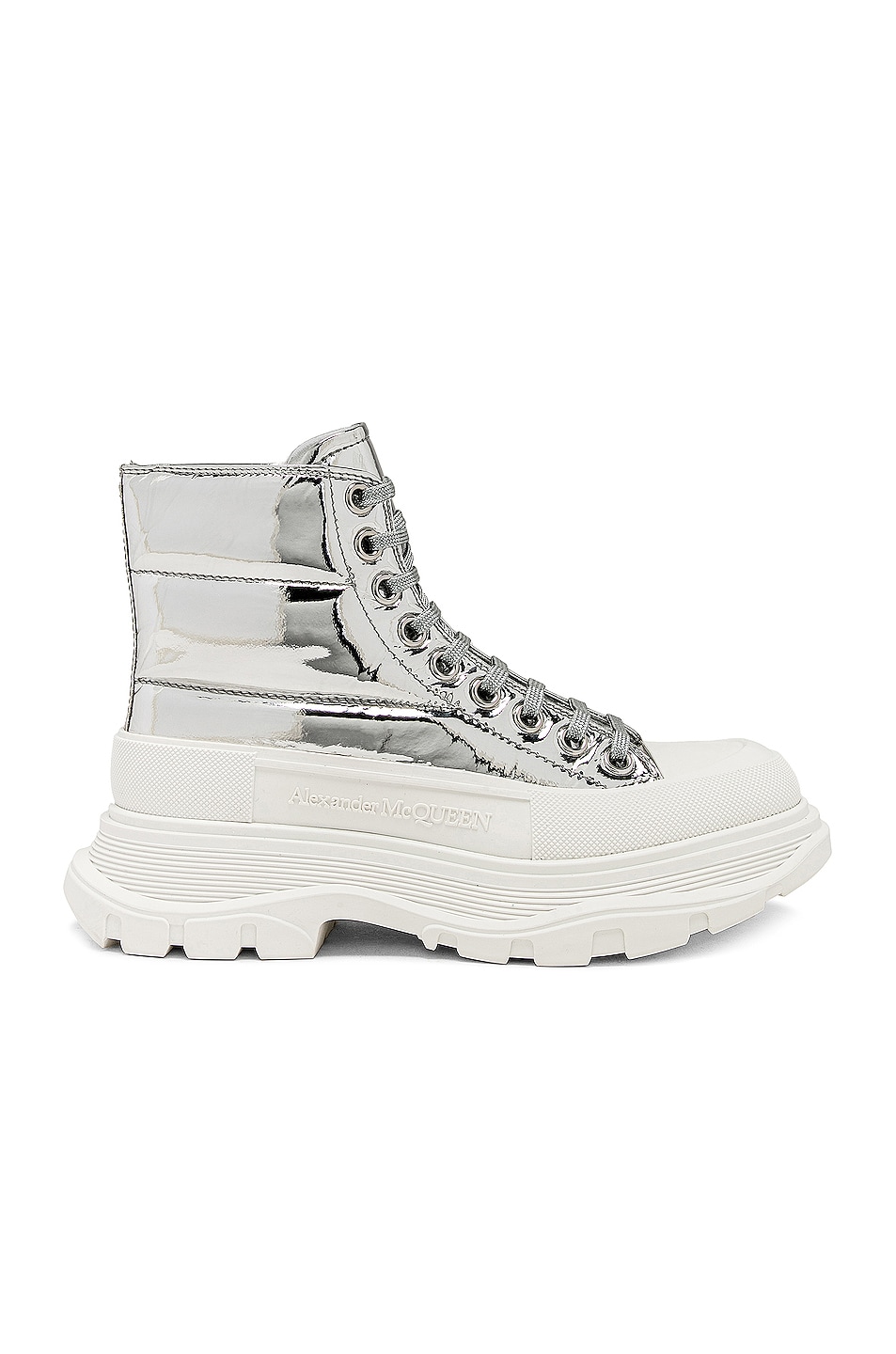Image 1 of Alexander McQueen Metallic Mid Ankle Sneakers in Silver & White