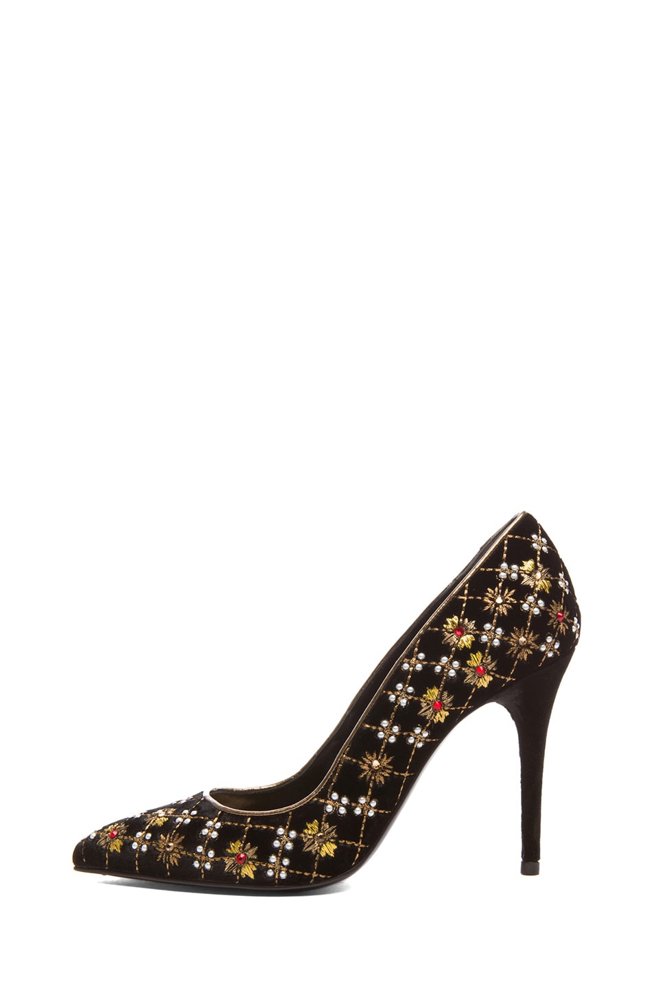 Image 1 of Alexander McQueen Pointy Embroidered Velvet Pumps in Black & Gold