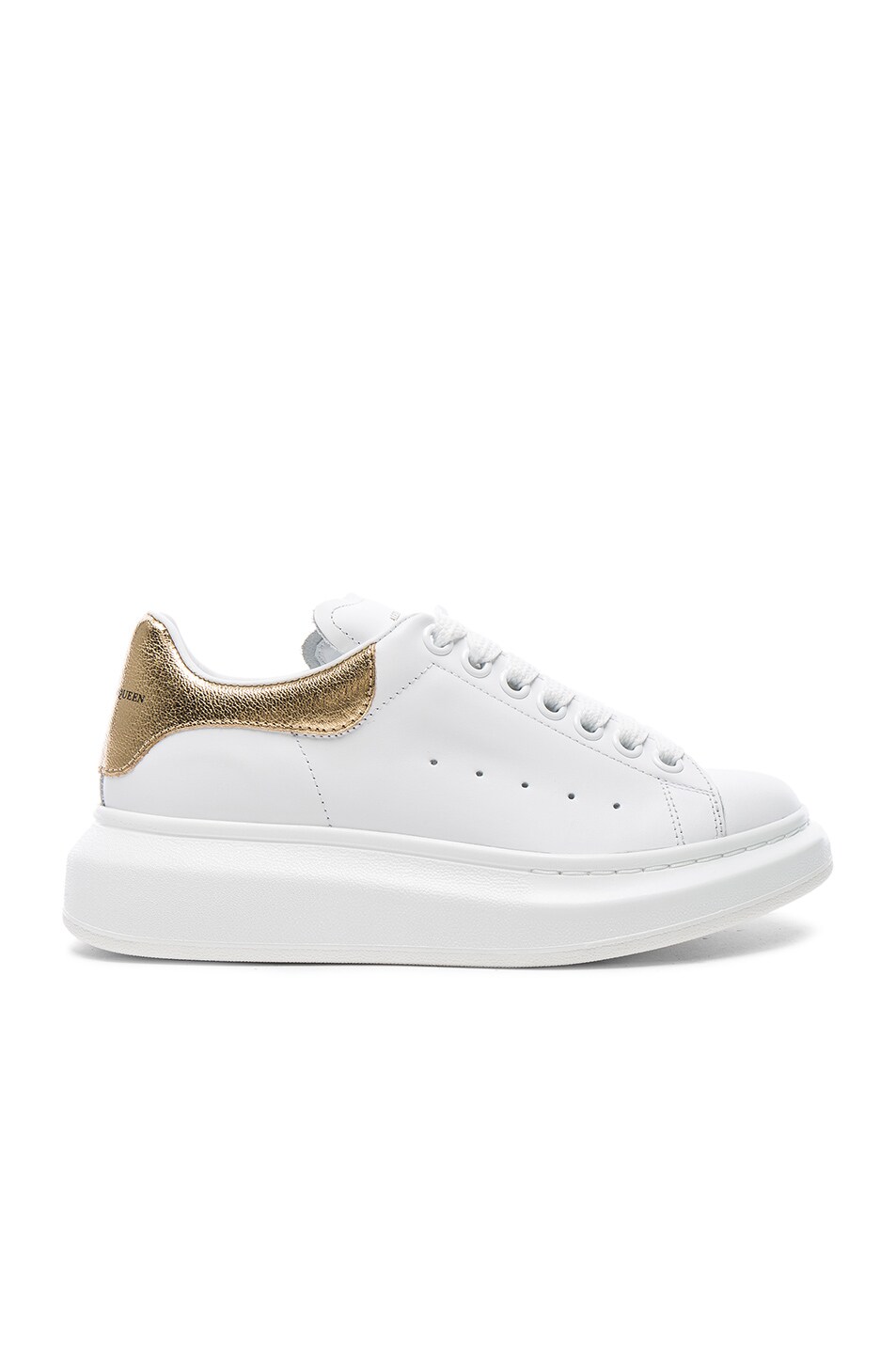 Image 1 of Alexander McQueen Leather Platform Lace Up Leather Sneakers in White & Light Gold