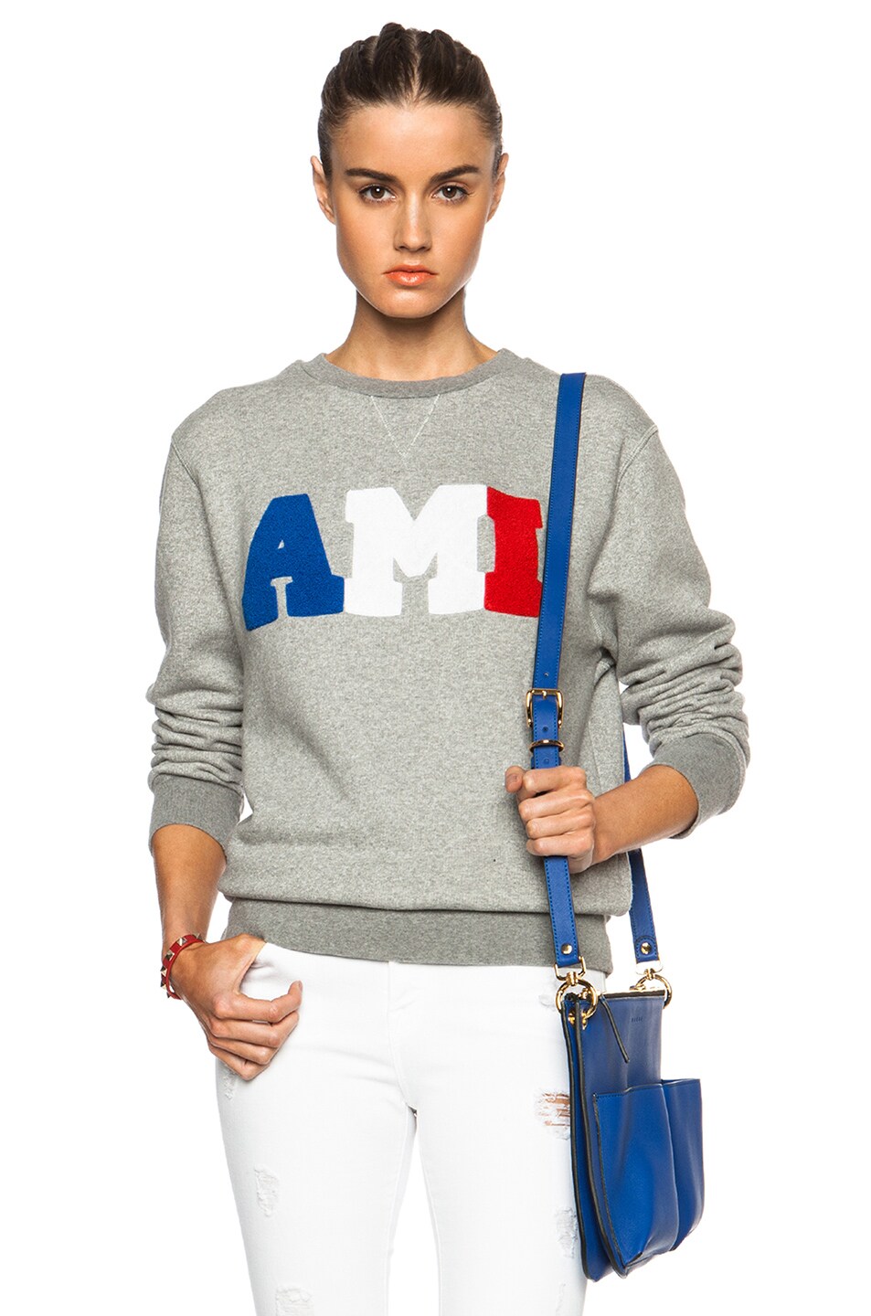 Image 1 of ami Red, White & Blue Embroidery Cotton-Blend Sweatshirt in Heather Grey