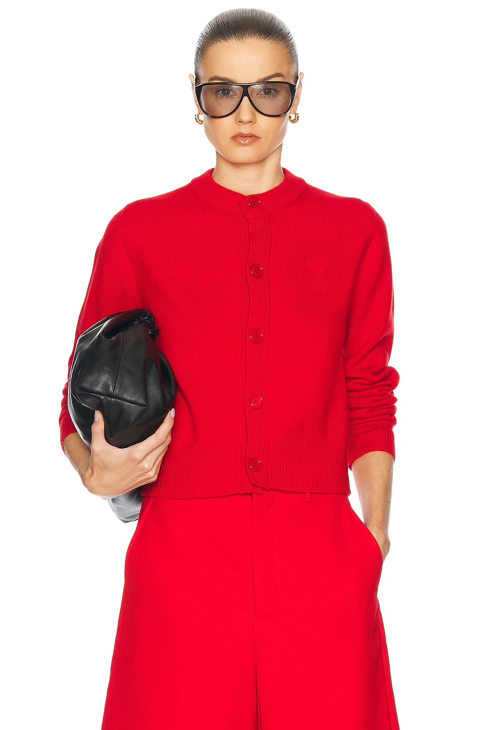 Image 1 of AMI Paris Crewneck Cardigan in Poppy