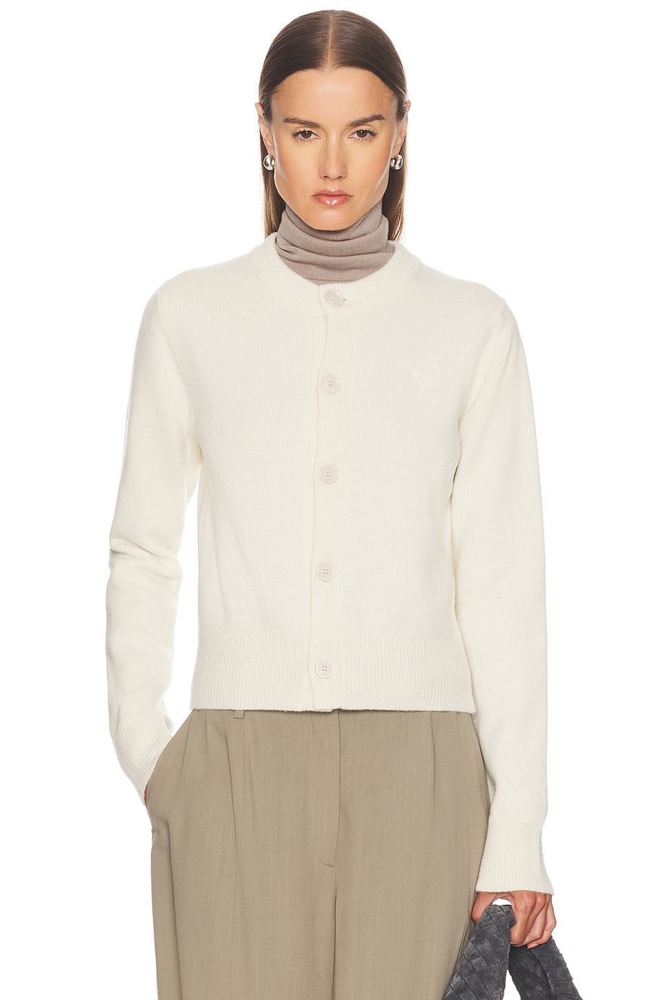 Image 1 of AMI Paris Crewneck Cardigan in Ivory