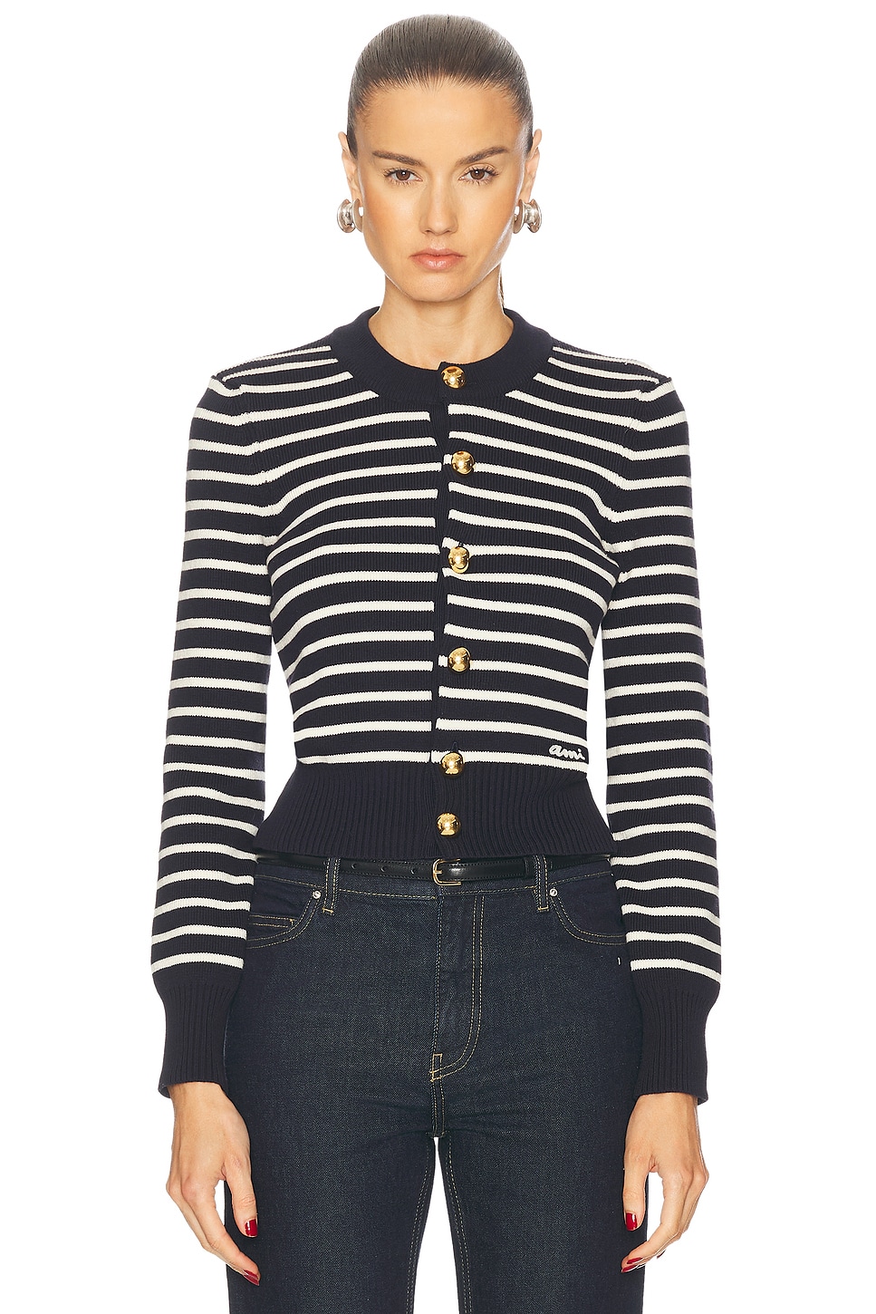 Image 1 of ami Sailor Cardigan in Navy Blue & Off White