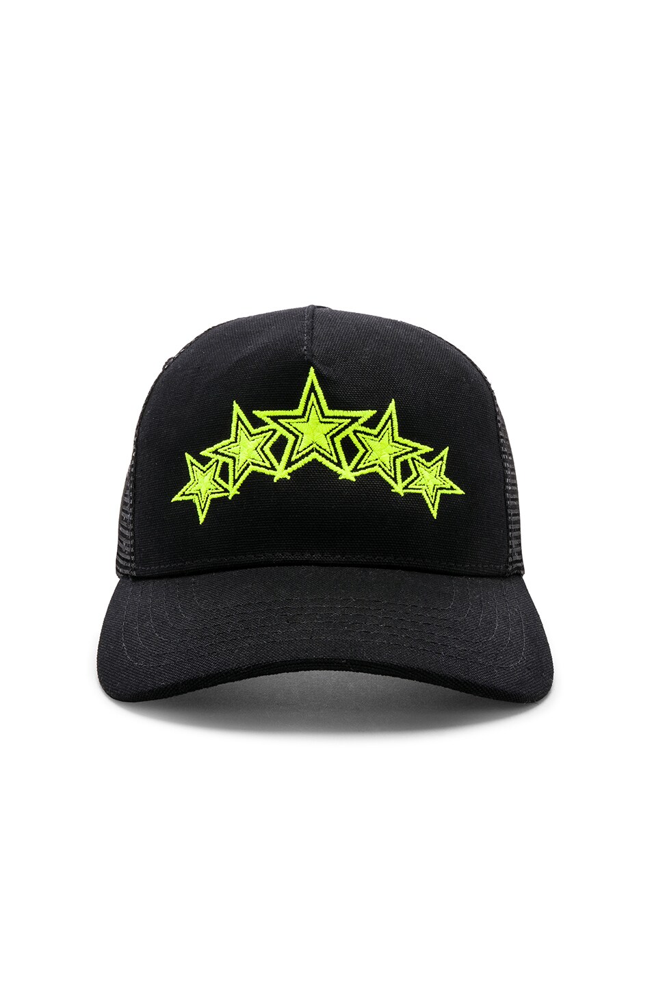 Image 1 of Amiri Five Star Trucker Hat in Black & Neon Yellow