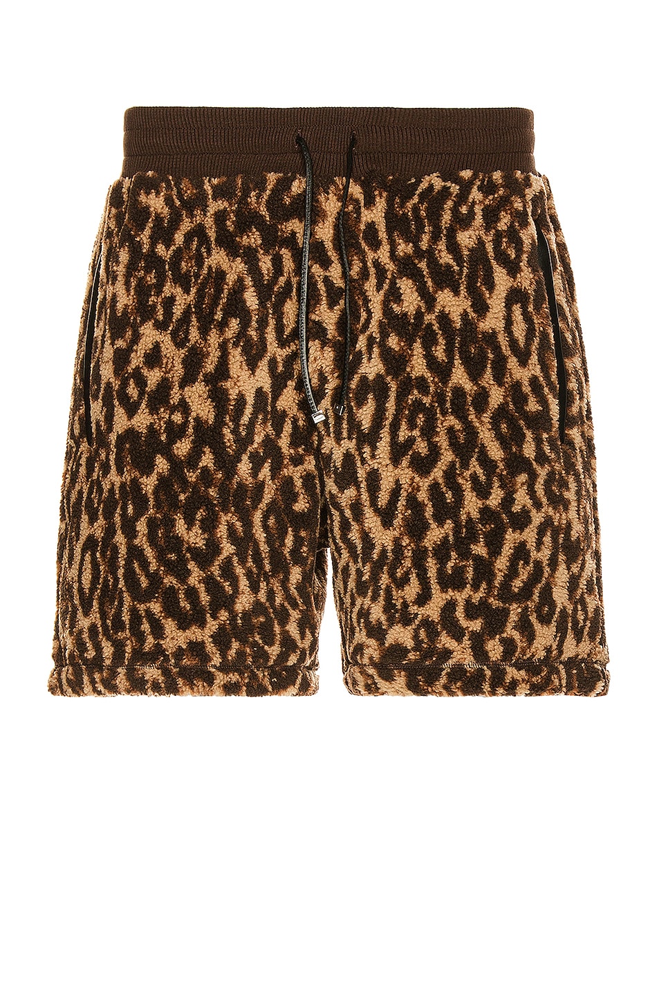 Image 1 of Amiri Printed Leopard Polar Fleece Shorts in Brown & Tan