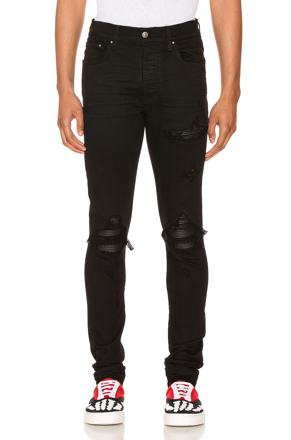 Image 1 of Amiri MX1 Leather Patch Skinny Jeans in Black