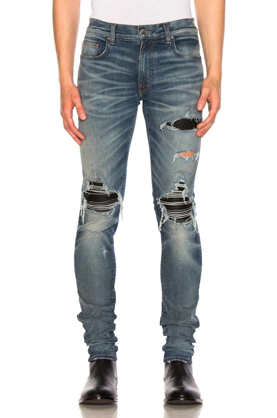 Image 1 of Amiri MX1 Leather Patch Skinny Jeans in Medium Indigo