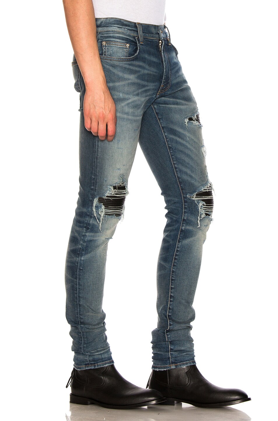 Amiri MX1 Leather Patch Skinny Jeans in Medium Indigo FWRD