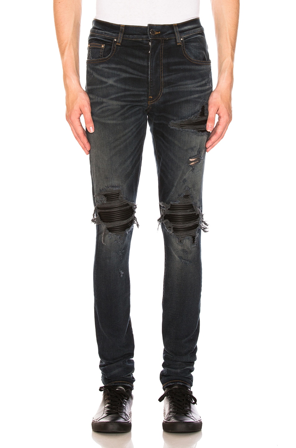 Image 1 of Amiri MX1 Leather Patch Skinny Jeans in Dark Indigo