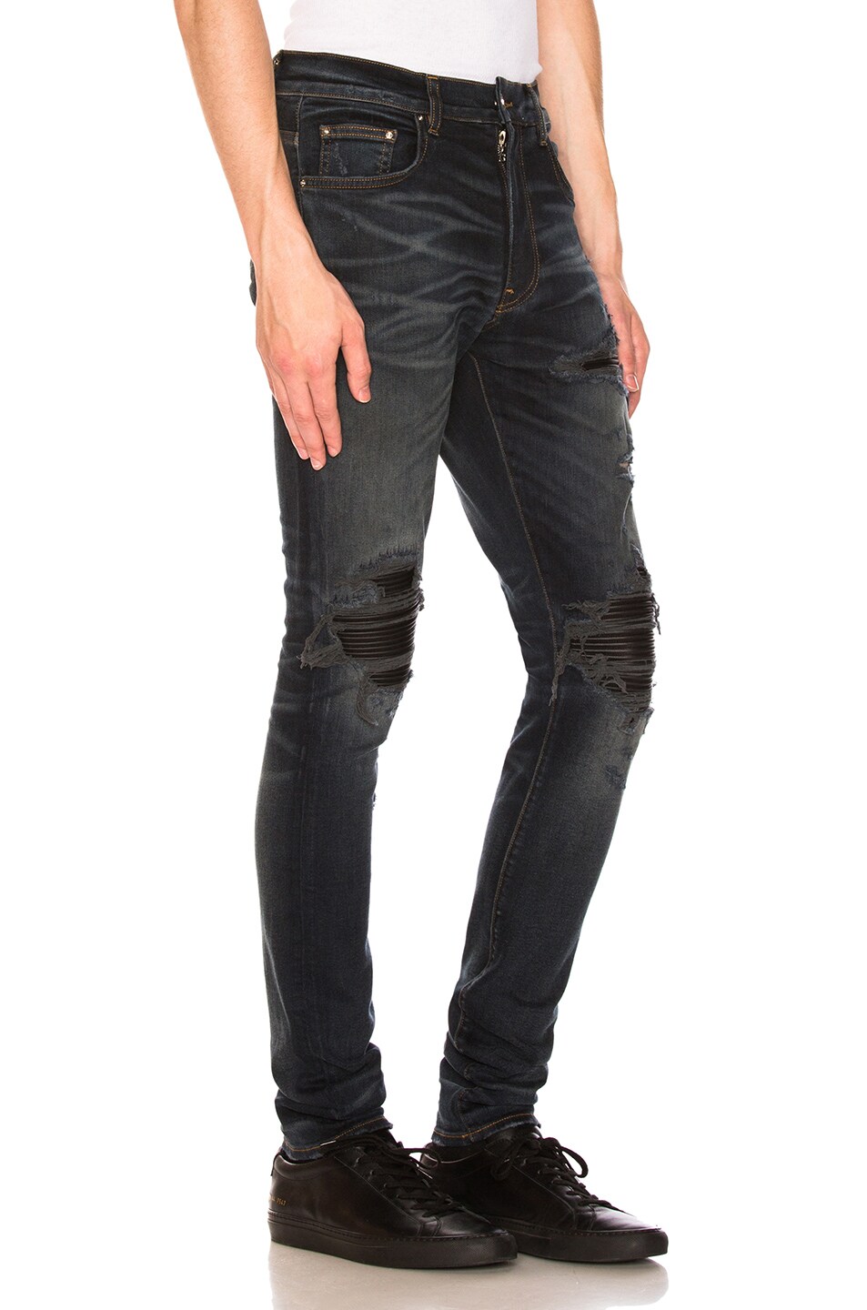 Amiri MX1 Leather Patch Skinny Jeans in Dark Indigo | FWRD