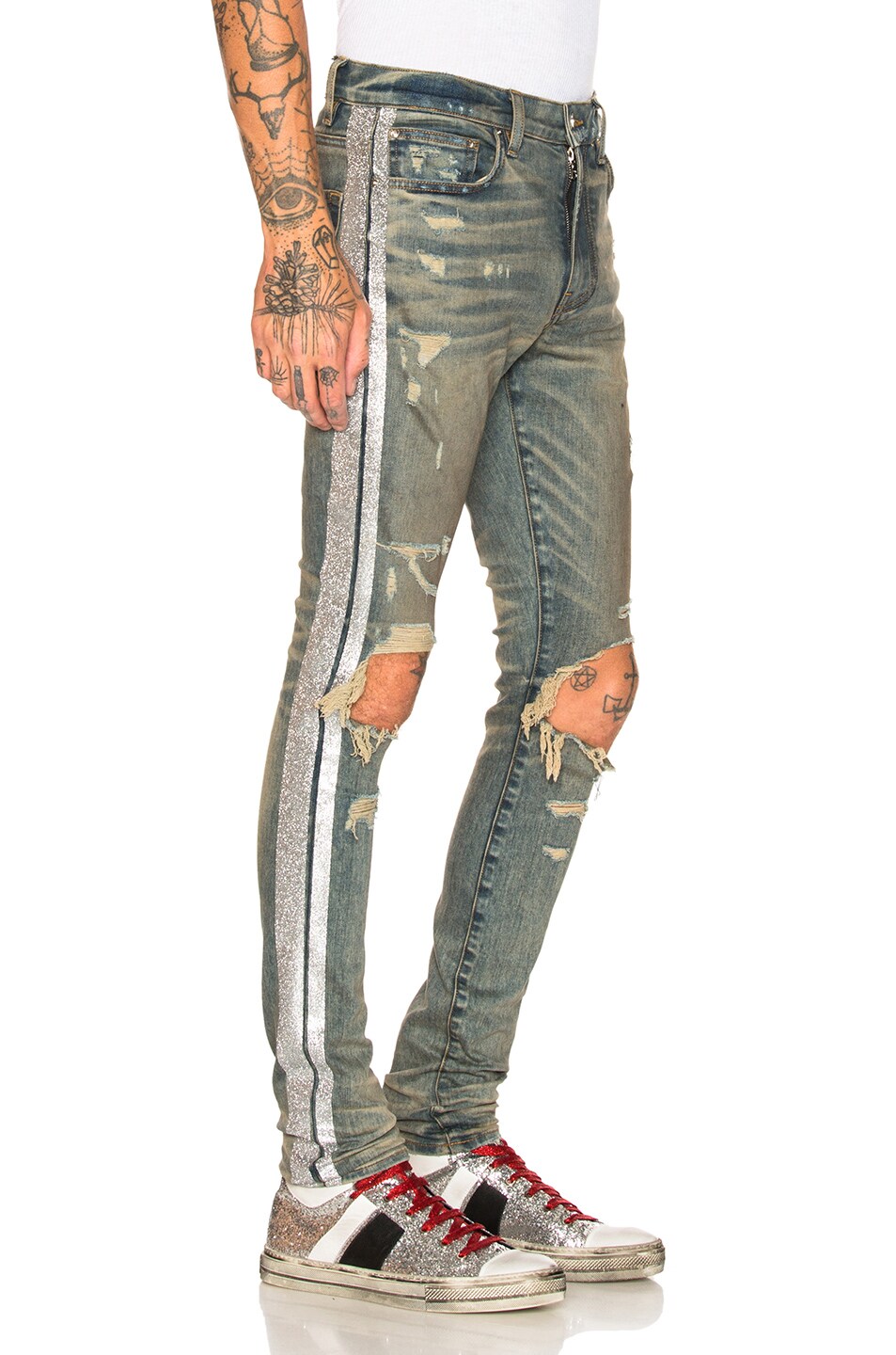 Amiri Glitter Track Jean in Dirty Indigo & Silver | FWRD