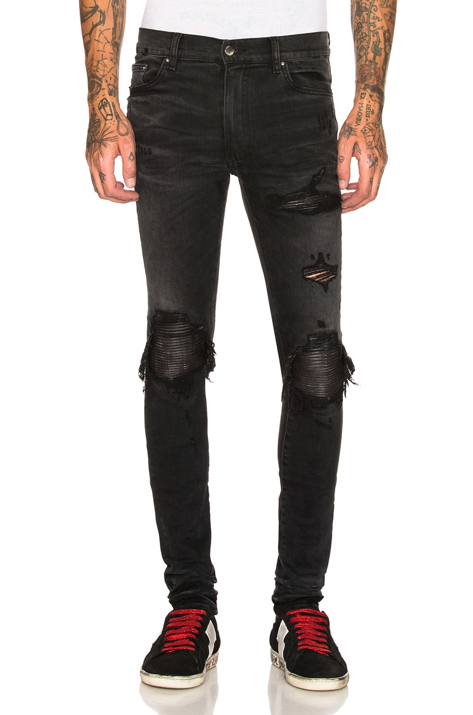 Image 1 of Amiri MX1 Leather Patch Skinny Jeans in Aged Black