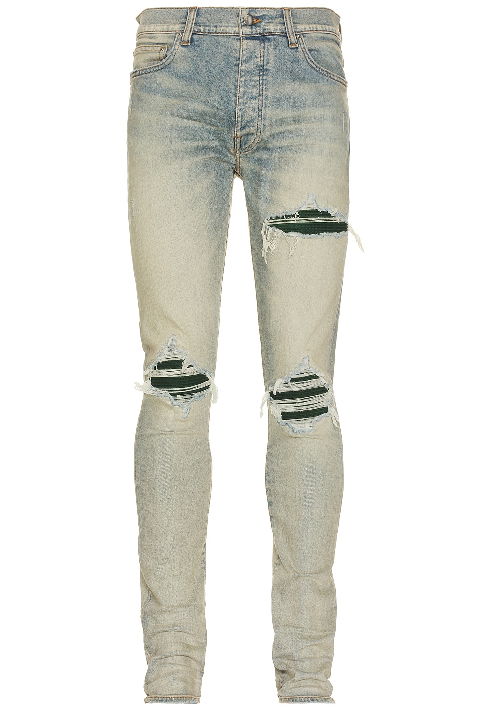 Amiri Mx1 Skinny-fit Panelled Distressed Jeans In Antique Indigo