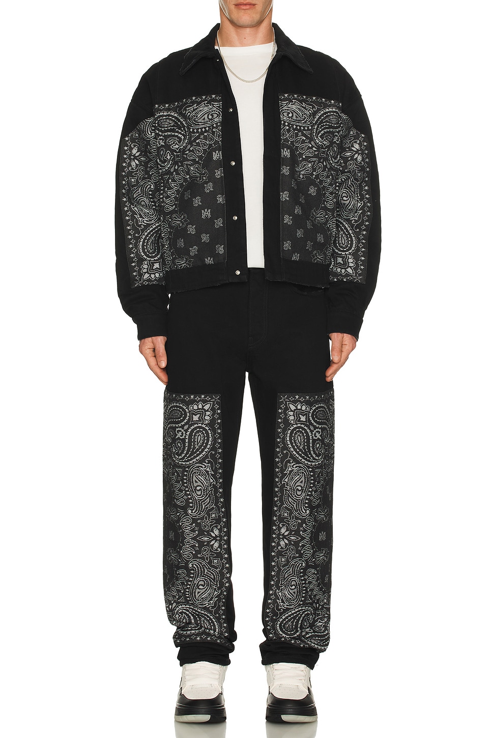 Image 1 of Amiri Bandana Jacquard Paneled Straight Jeans in Black OD
