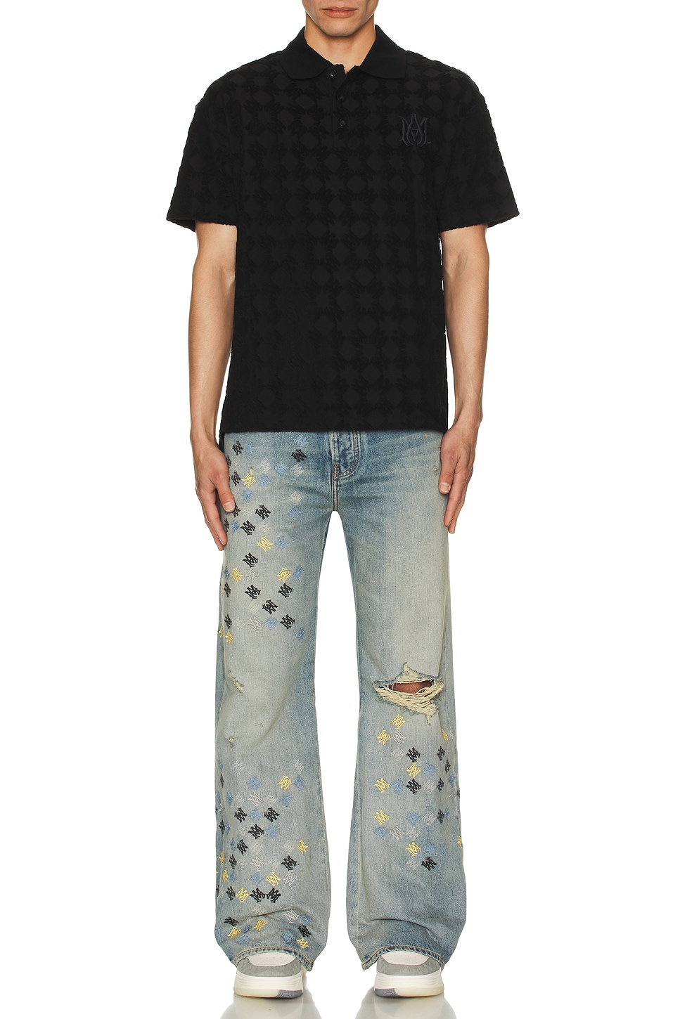 Image 1 of Amiri MA Quad Embroidered Flared Jeans in Antique Indigo