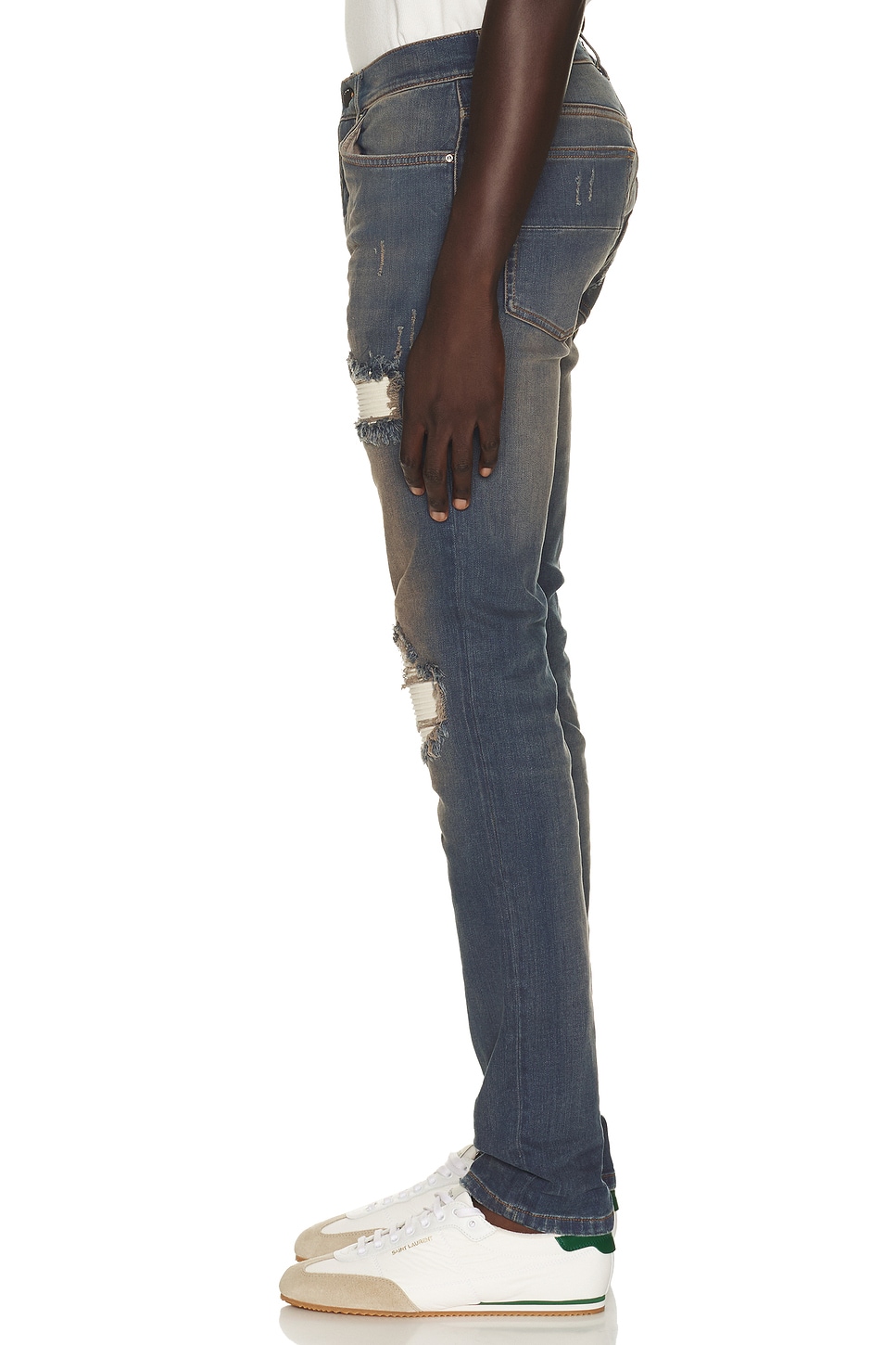 Amiri Distressed Ribbed-panel Jeans In Dark Dust