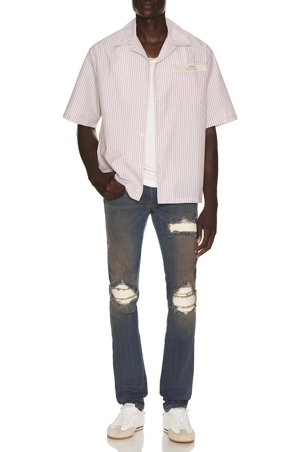 Amiri Distressed Ribbed-panel Jeans In Dark Dust