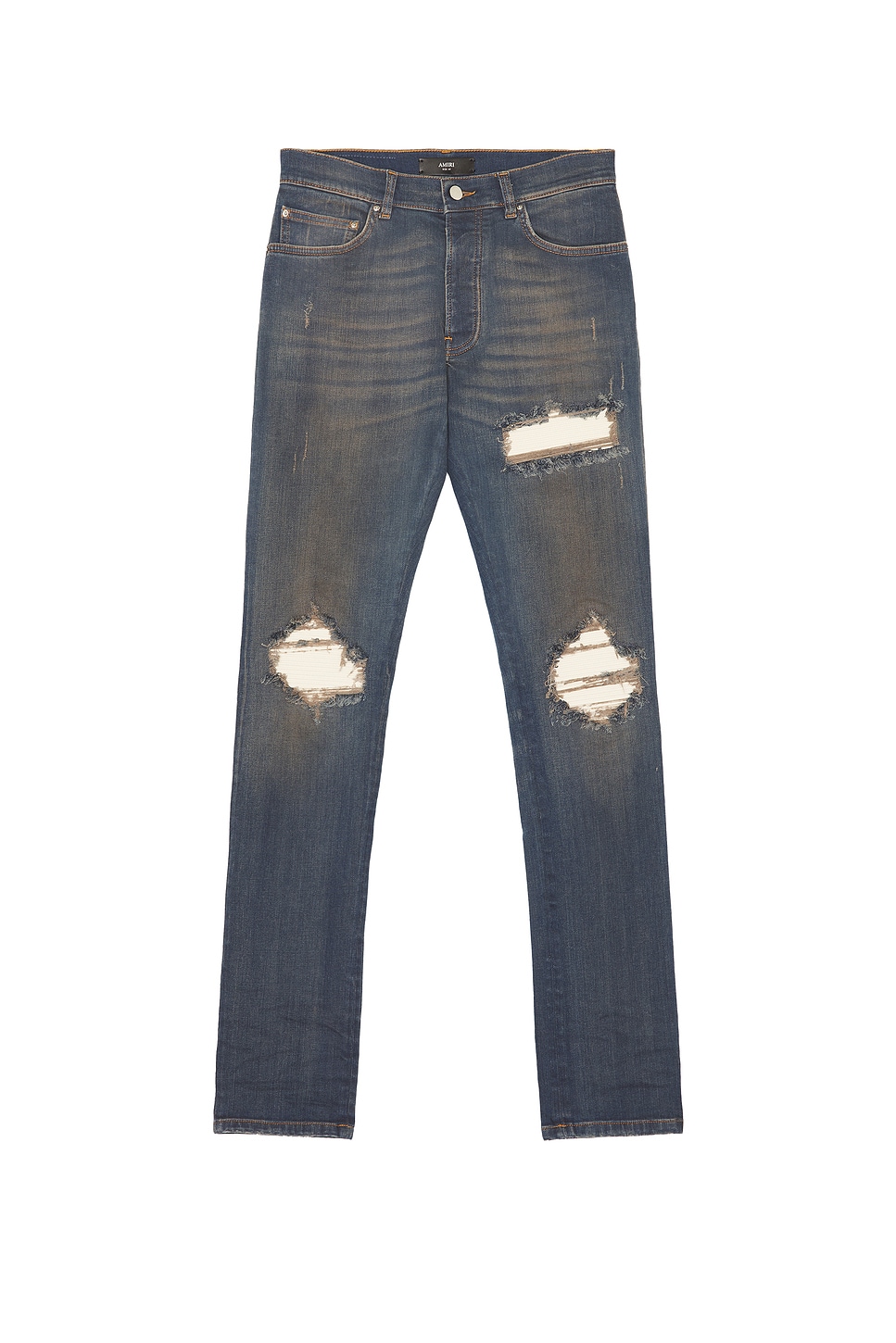 Amiri Distressed Ribbed-panel Jeans In Dark Dust