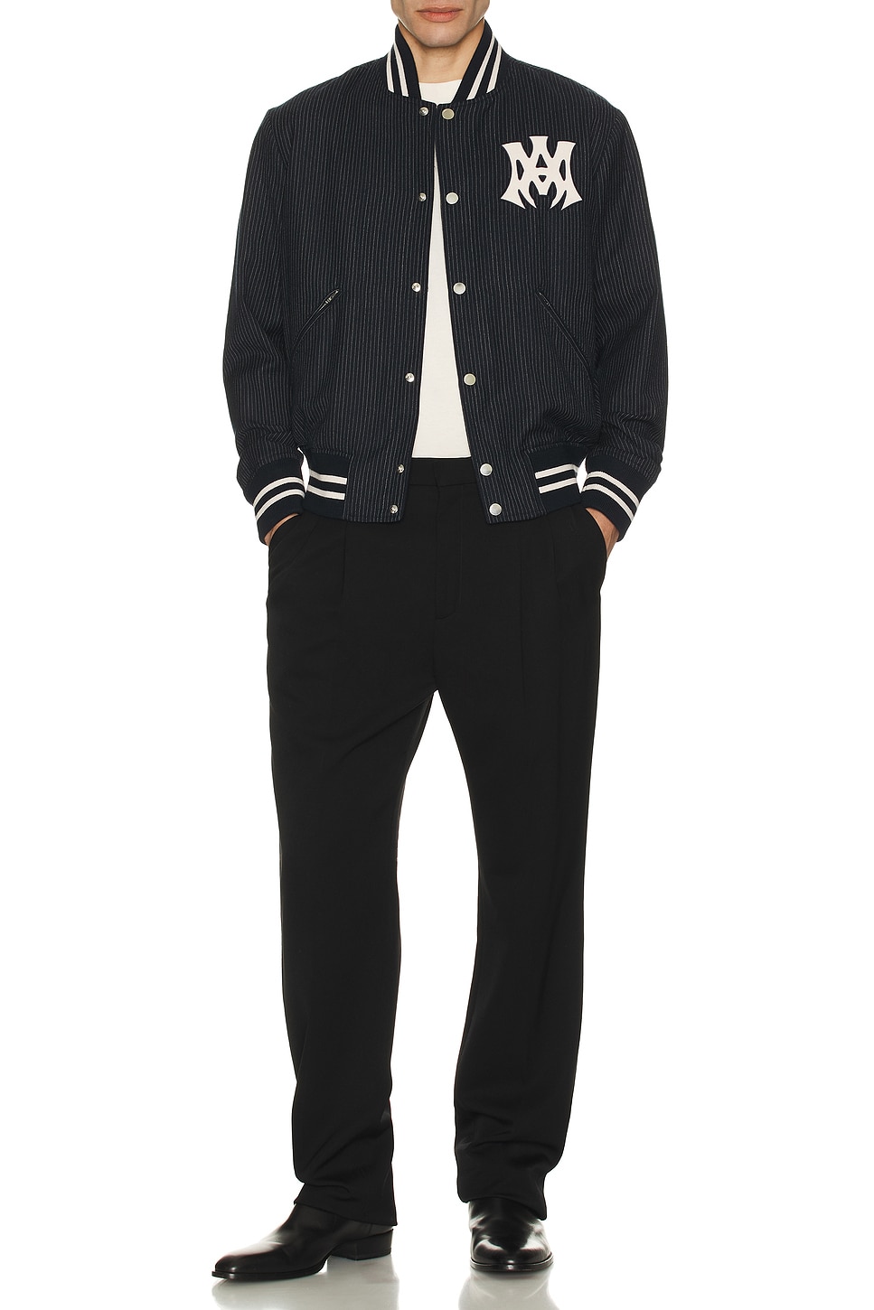 Image 1 of Amiri MA Hollywood Pinstripe Bomber in Midnight Blue