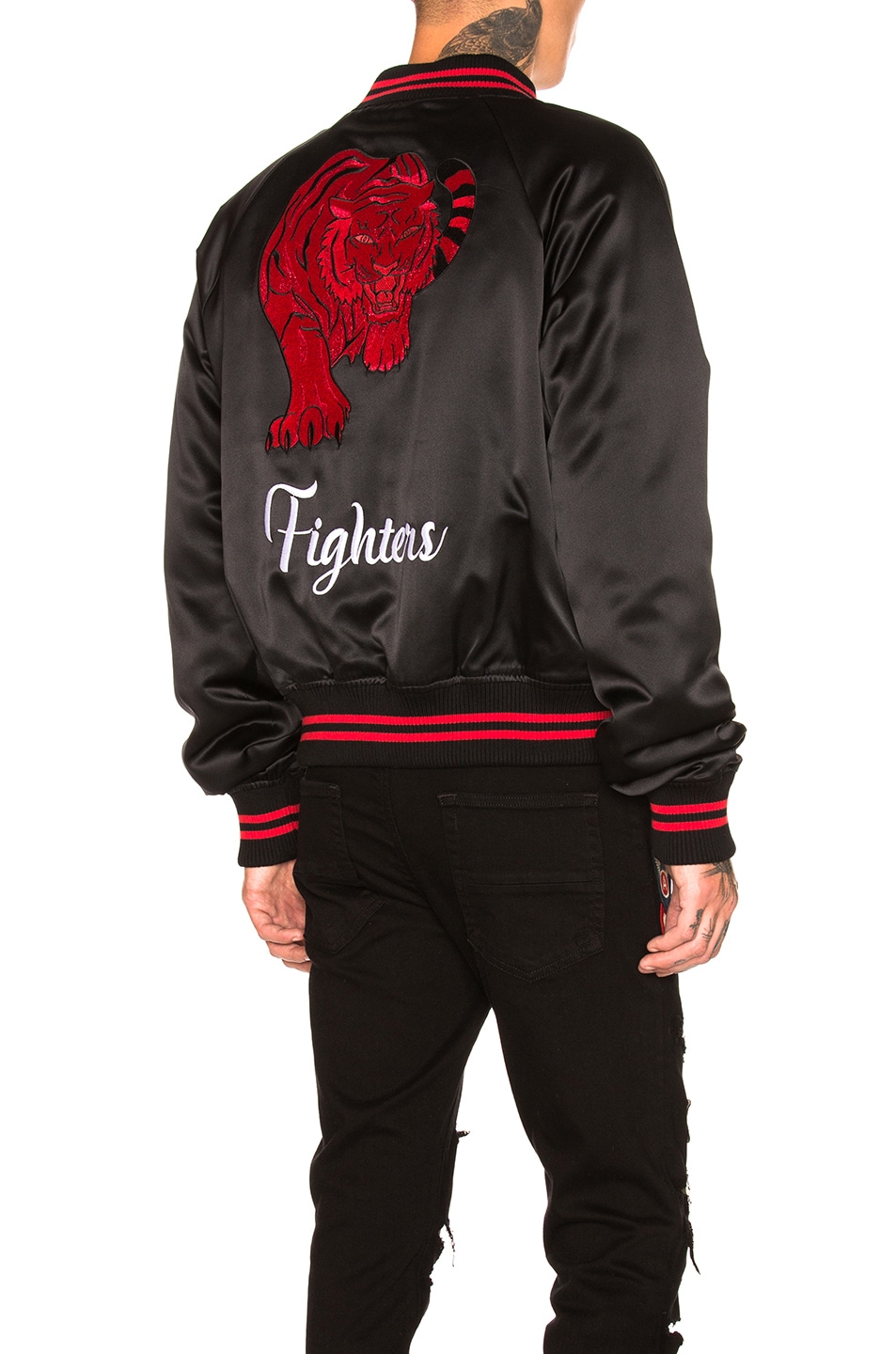Image 1 of Amiri Fighters Embroidered Baseball Jacket in Black & Red