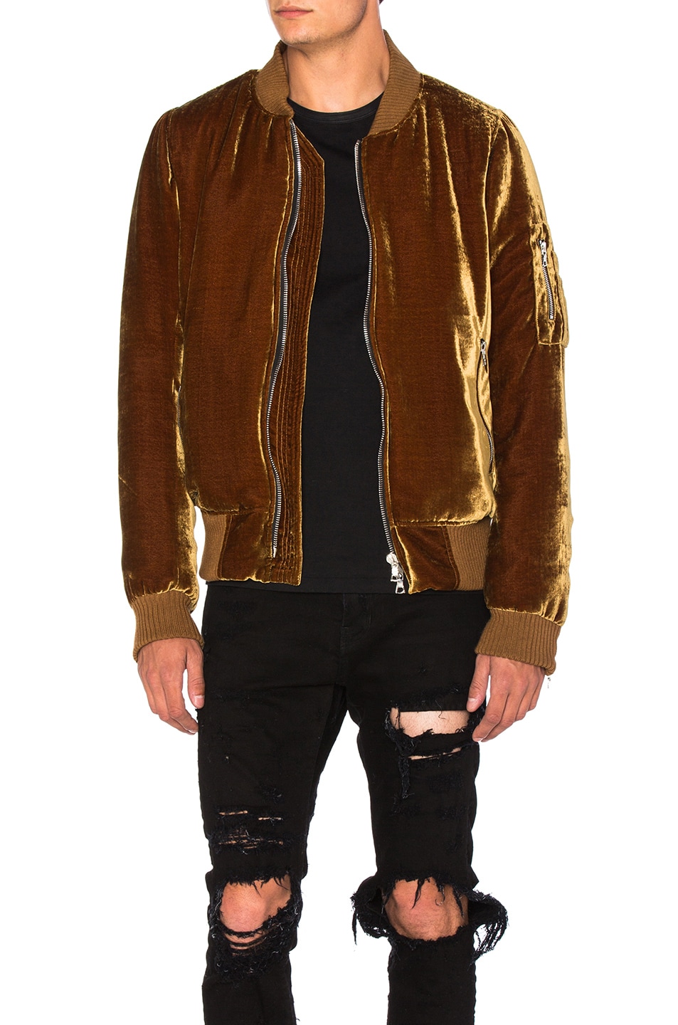 Image 1 of Amiri Silk Velvet Bomber Jacket in Gold