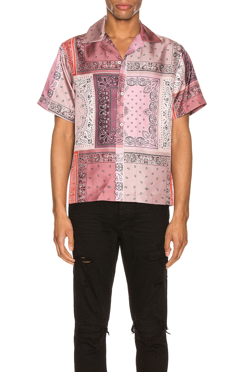 Image 1 of Amiri Bandana Reconstructed Short Sleeve Silk Shirt in Coral