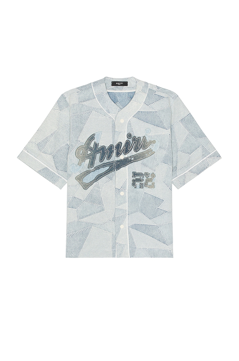 Image 1 of Amiri Patchwork Baseball Shirt in Stone Indigo