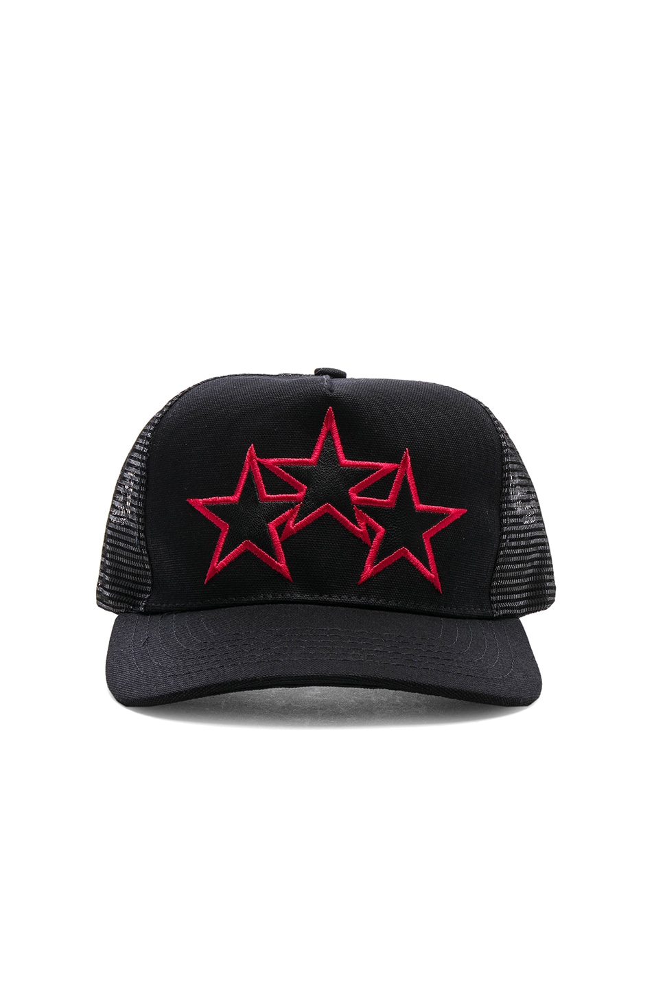 Image 1 of Amiri Leather Stitch Star Trucker Hat in Black & Red