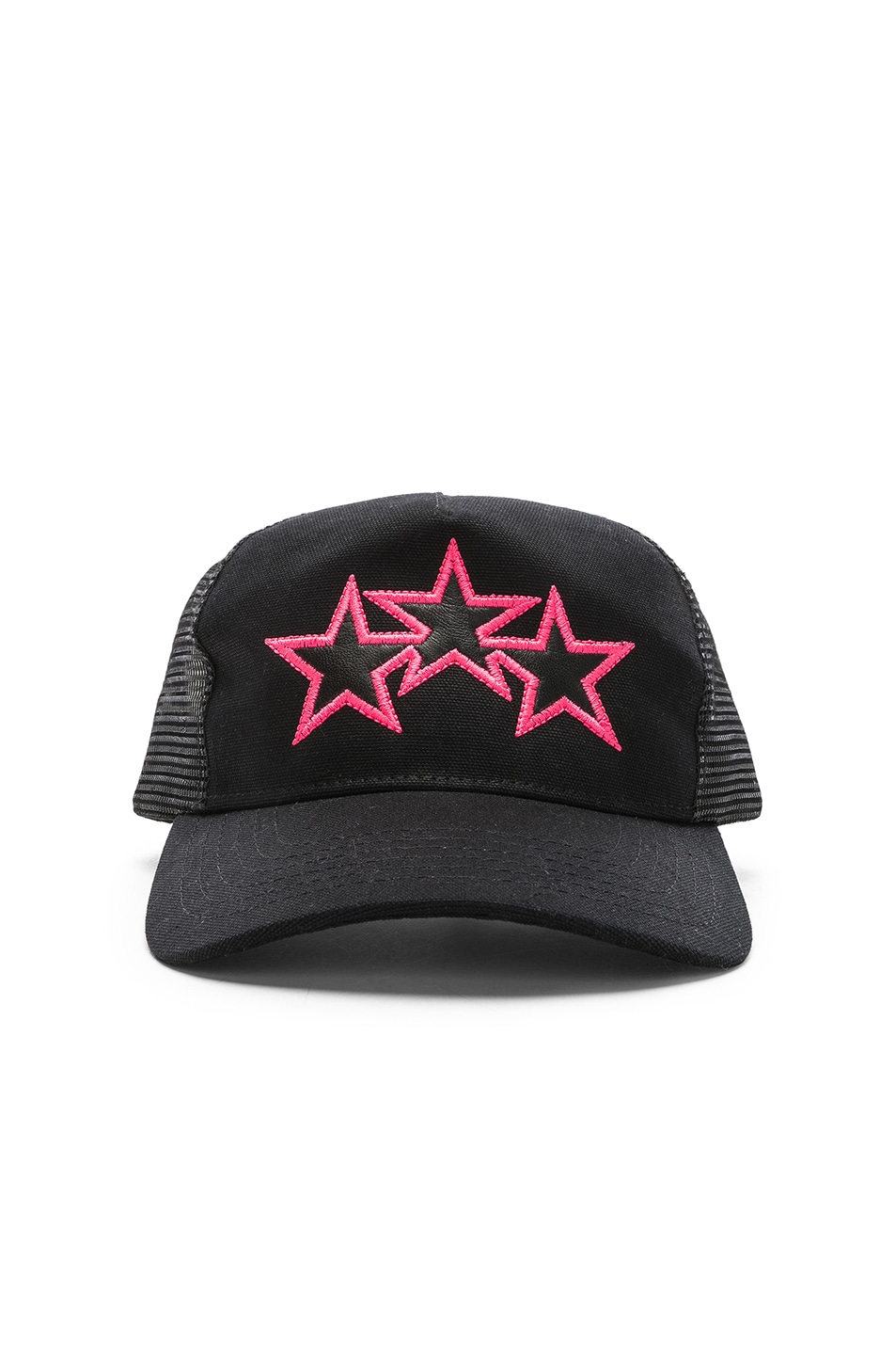 Image 1 of Amiri Three Star Trucker Hat in Black & Neon Pink