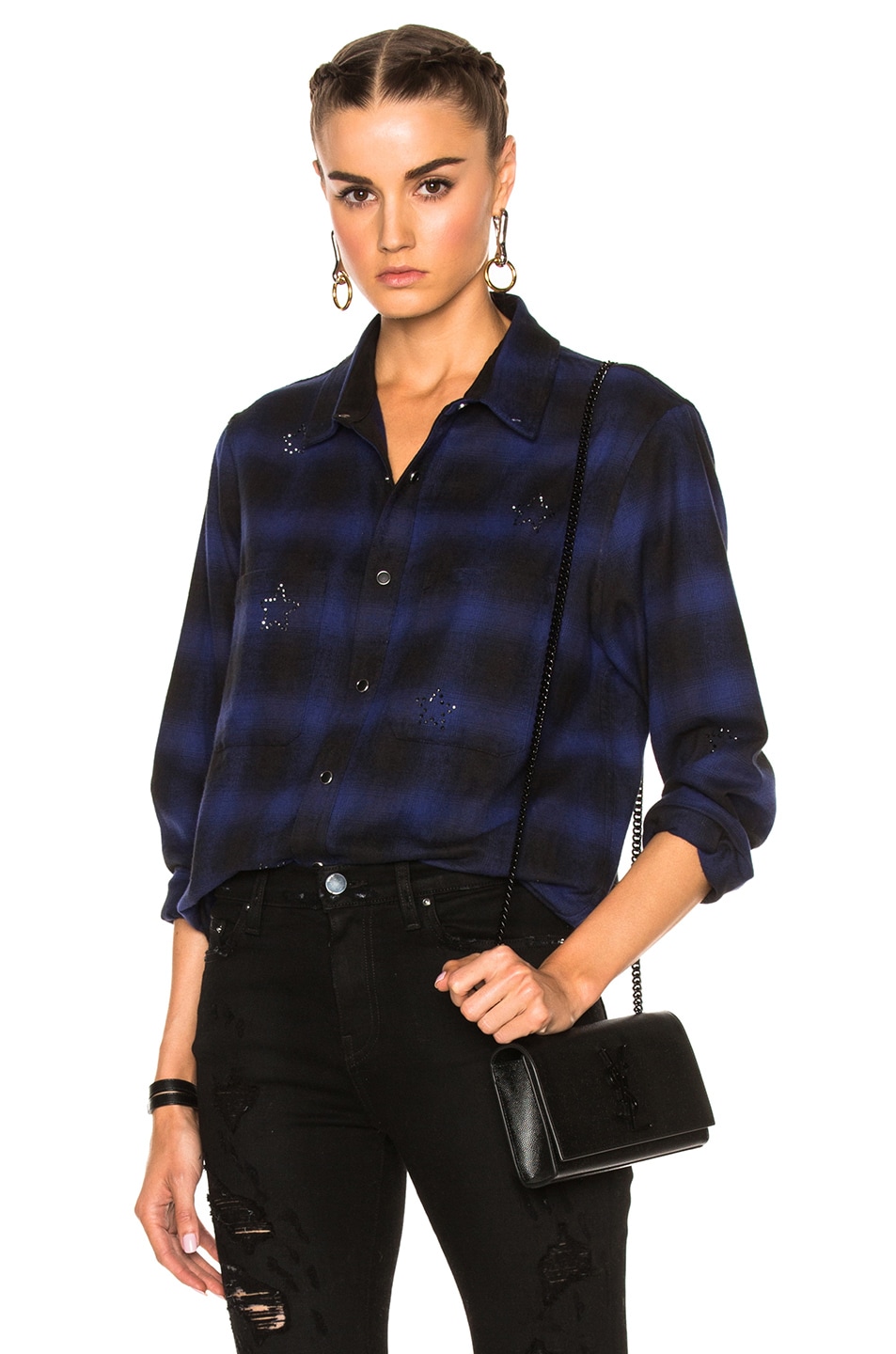 Image 1 of Amiri Crystal Plaid Flannel Top in Black & Blue
