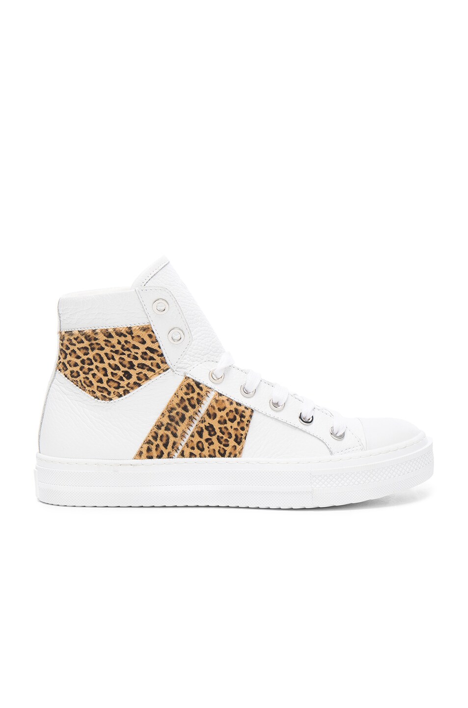 Image 1 of Amiri Leather & Calf Hair Sunset Sneakers in White & Leopard
