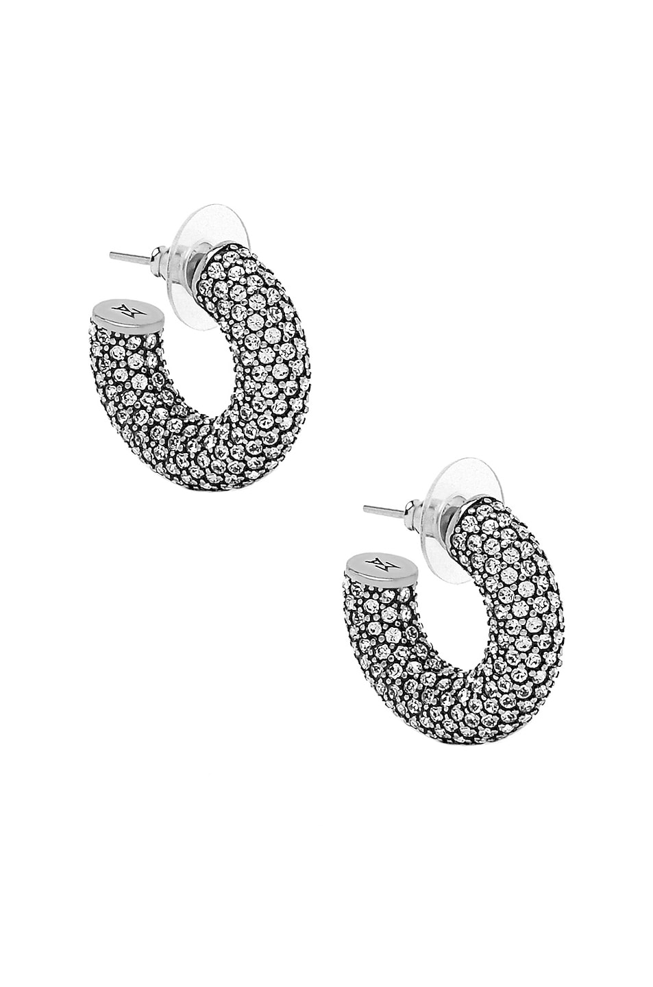 Image 1 of AMINA MUADDI Cameron Hoop Mini Earrings in Dark Silver & White Crystal
