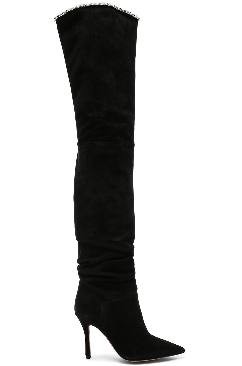 Image 1 of AMINA MUADDI Suede Barbara Thigh High Boots in Black & Crystals
