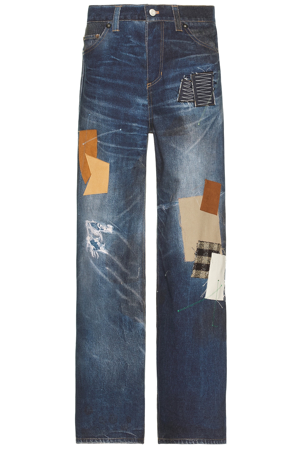 Unisex Patchwork Printed Denim Trompe L`Oeil Jeans in Blue