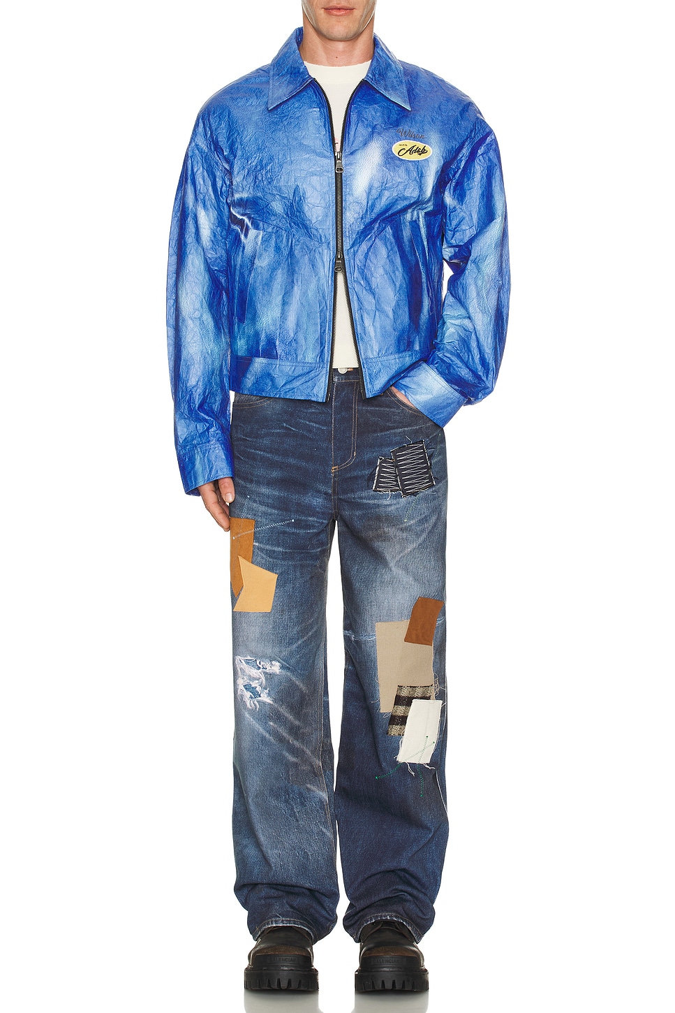 Image 1 of Andersson Bell Unisex Patchwork Printed Denim Trompe L`Oeil Jeans in Blue