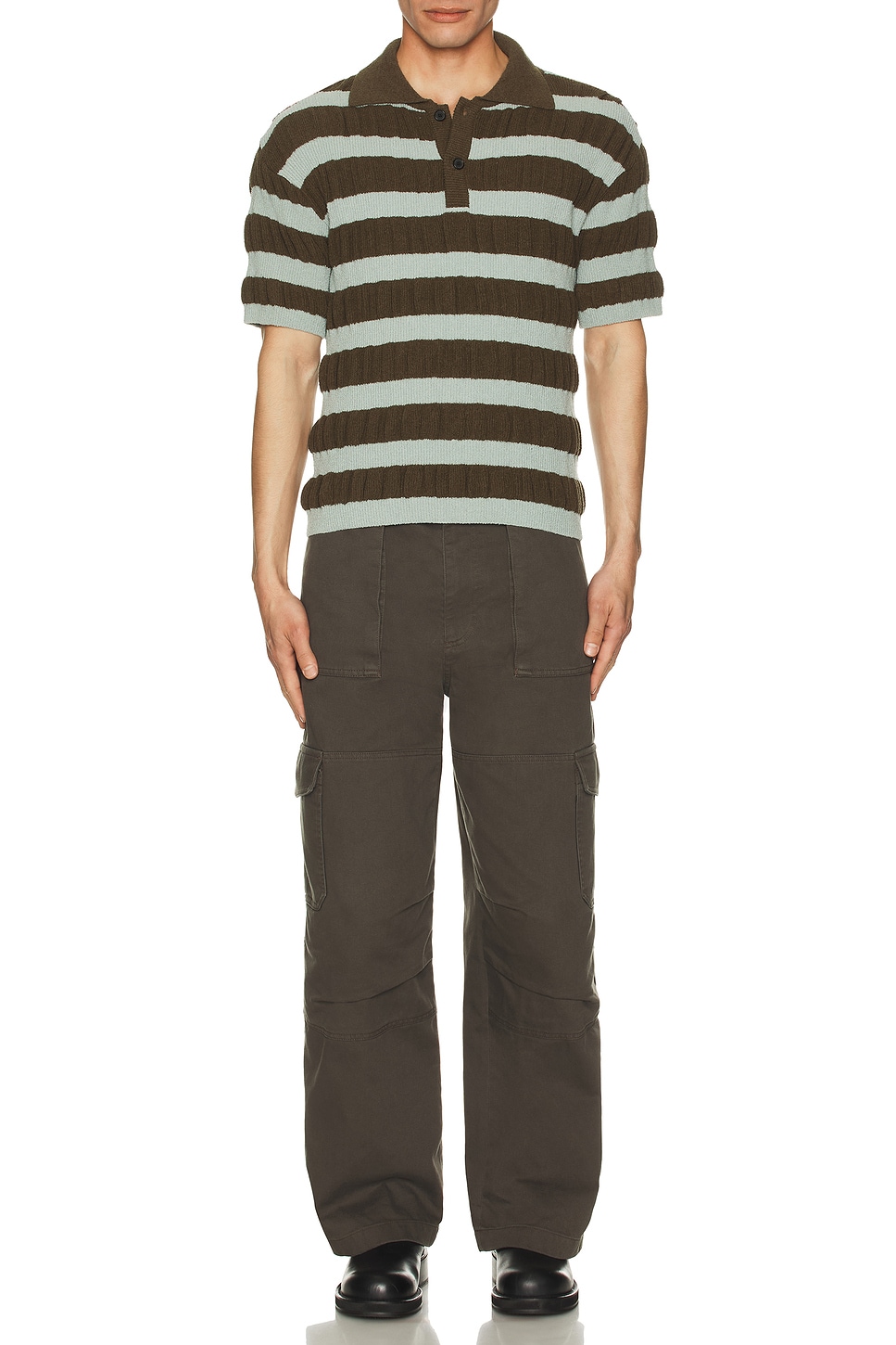 Image 1 of Andersson Bell Bubble Stripe Polo Sweater in Brown & Mint