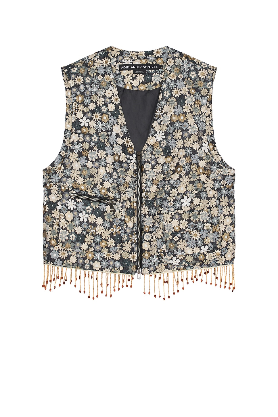 Flower V Neck Zip Up Vest in Brown