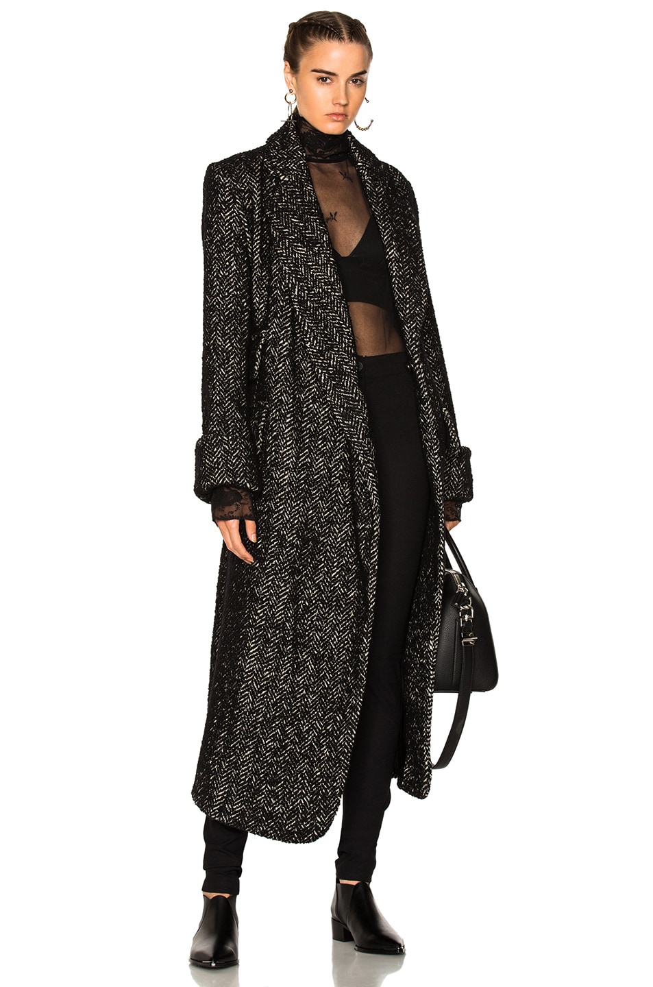 Image 1 of Ann Demeulemeester Belted Tweed Coat in Black & Off White