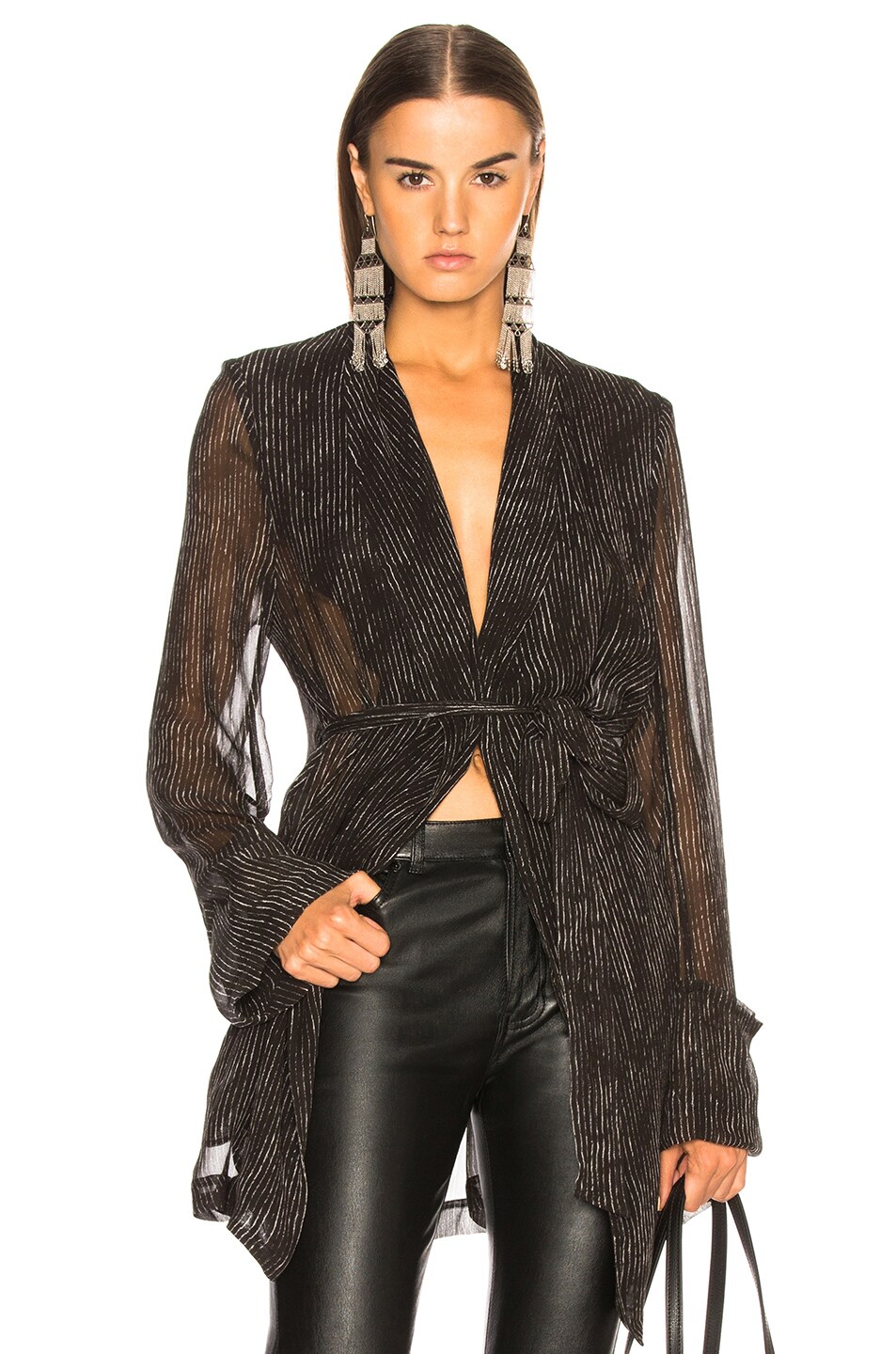 Image 1 of Ann Demeulemeester Pinstriped Sheer Sleeve Coat in Black & Off White