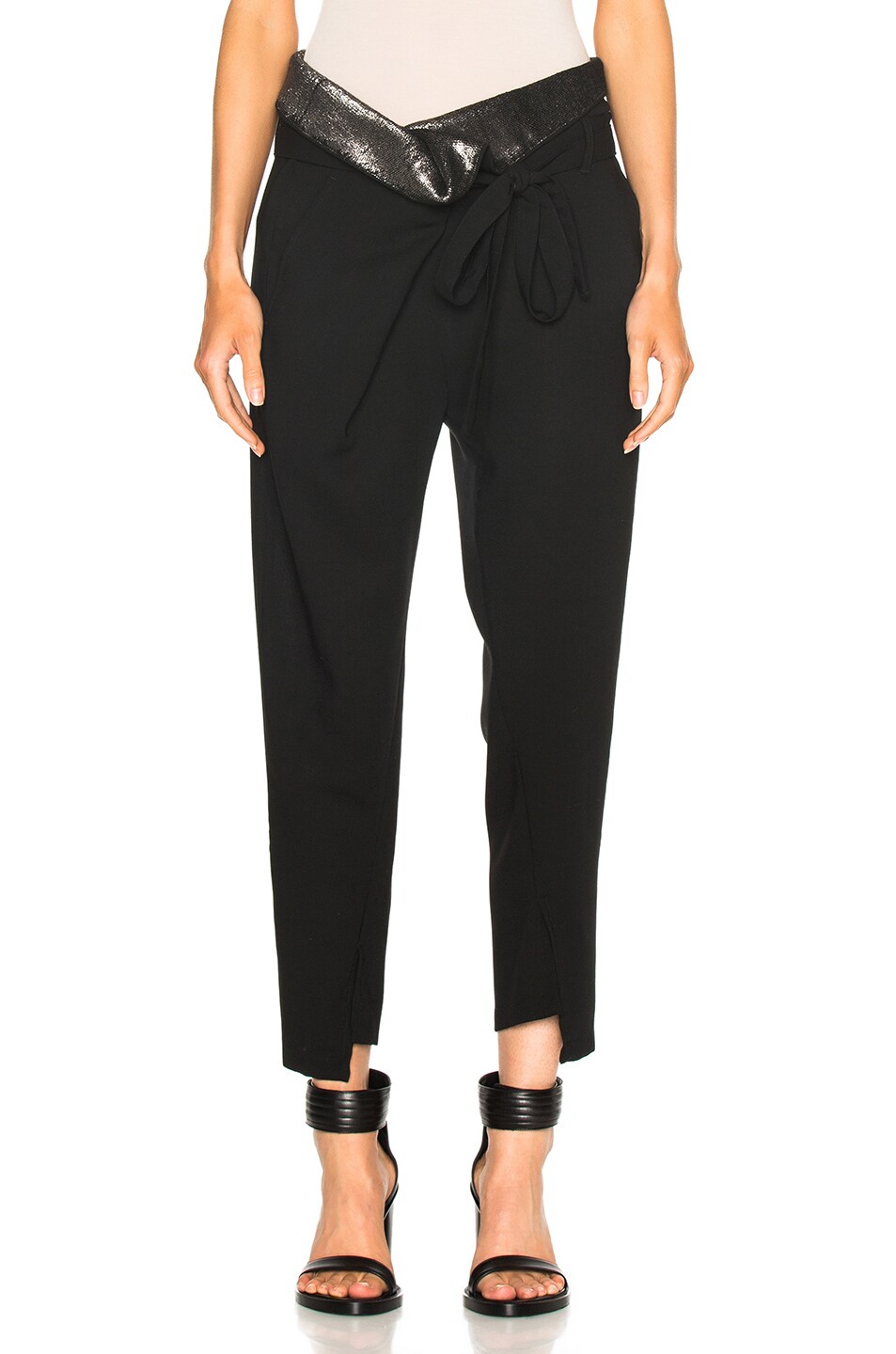 Image 1 of Ann Demeulemeester High Waisted Belted Fold Trousers in Black & Silver