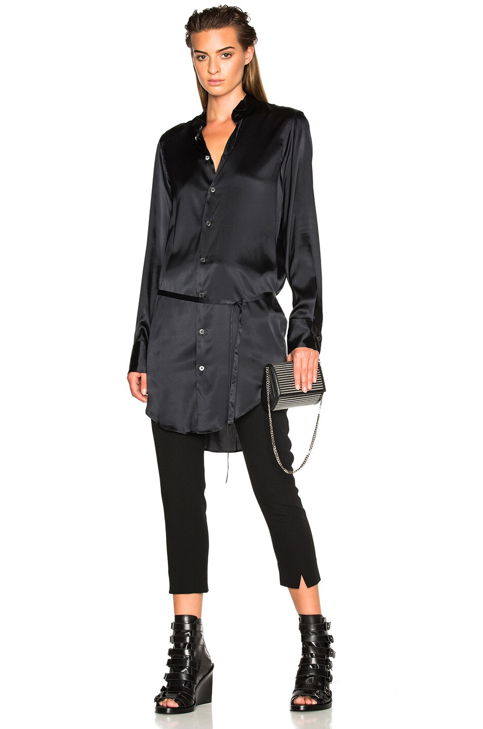Image 1 of Ann Demeulemeester Belted Satin Tunic in Black