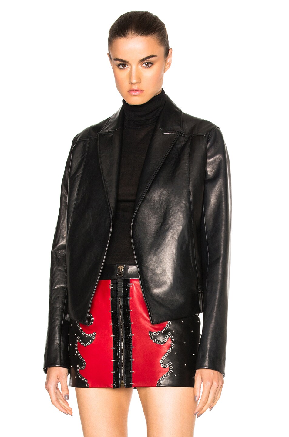 Image 1 of Anthony Vaccarello Cropped Gathered Back Leather Blazer in Black